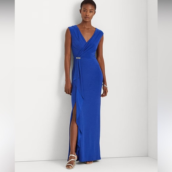 Ralph Lauren Maxi Dress Women 6 Formal Gown Slit Front Rhinestone Jersey  B28 - Picture 1 of 12